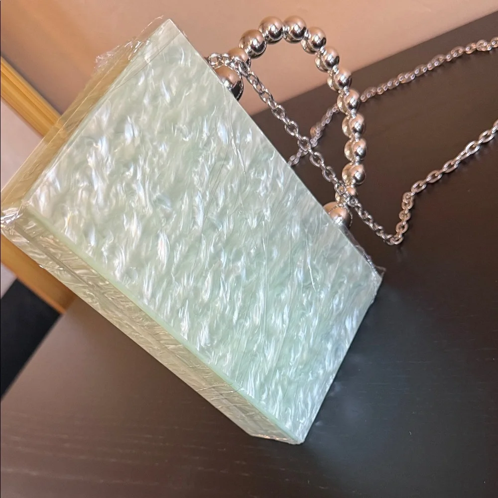 ASOS DESIGN marble resin clutch/ crossbody silver tone beaded handle Mint NEW
